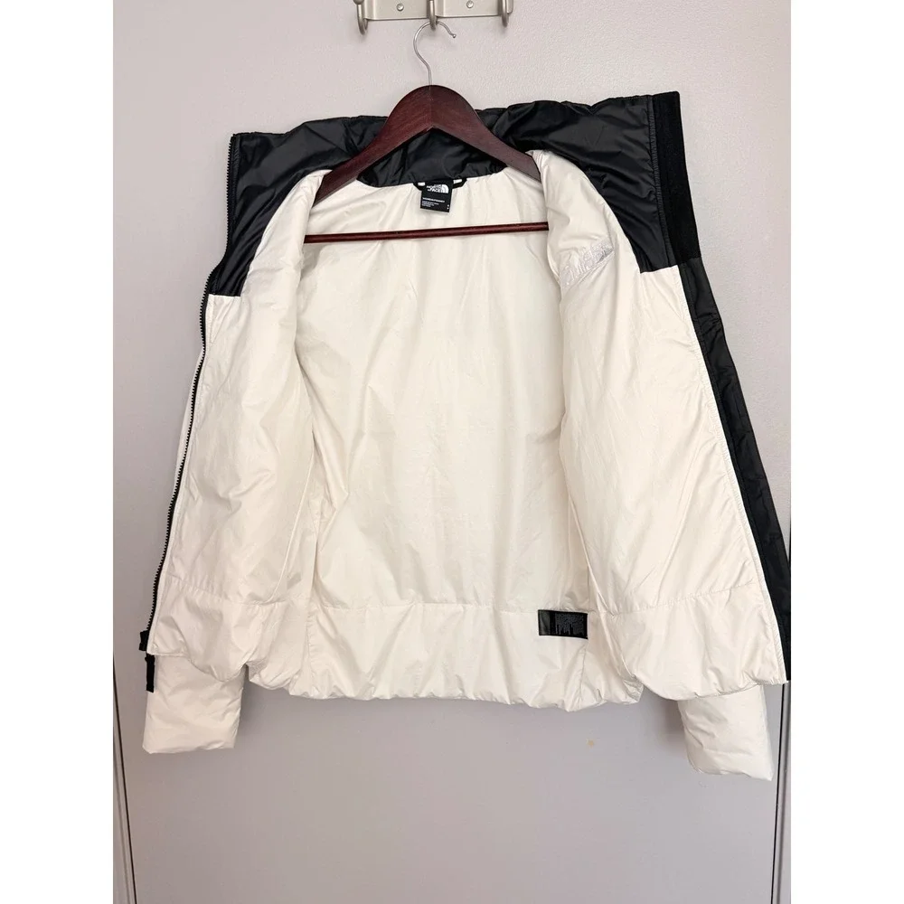 The North Face White Black‎ Puffer Jacket Womens Small BluSky Logo Full Zip Coat